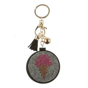 Ice Cream Cone Mirror Tassel Bling Faux Suede Round Keychain Handbag Charm